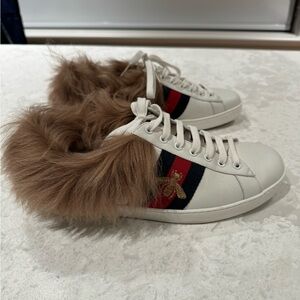 Gucci Ace Men’s White Leather Fur Lined Web Bee Logo Sneakers